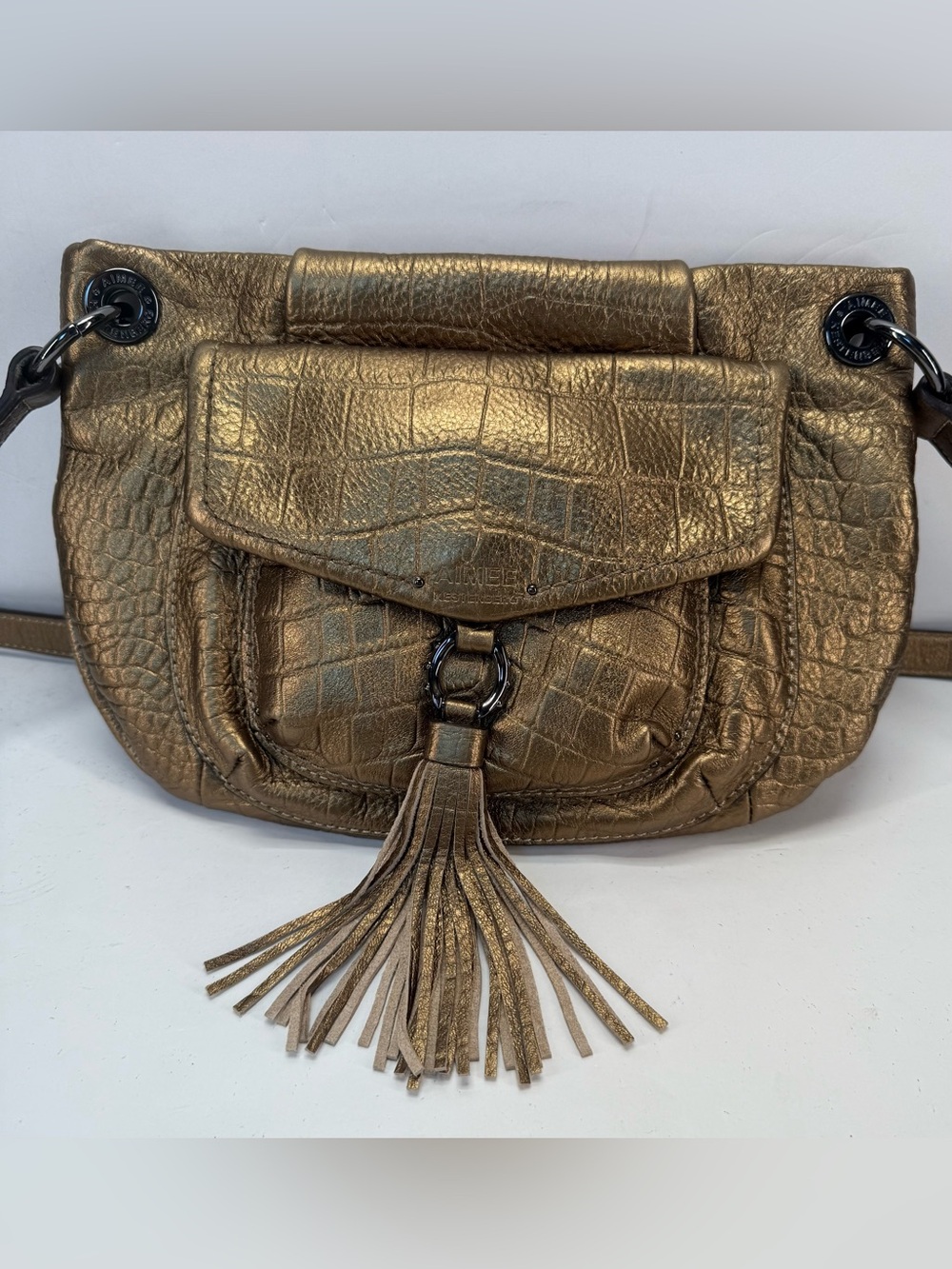Aimee Kestenberg Leather Metallic Croc-Embossed Tassel Crossbody Bag in gold